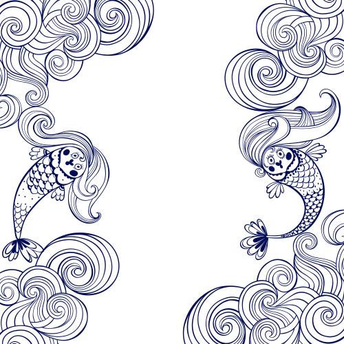 Mermaid. Vector cartoon mermaids, waves, place for text on white