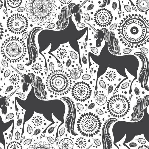 Unicorn. Vector cartoon unicorns, fairy-tale flowers and leaves on white
