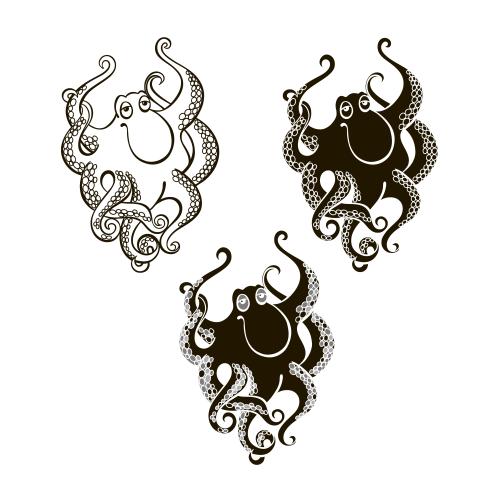Octopus. Vector cute cartoon octopuses silhouettes and outline drawing on white