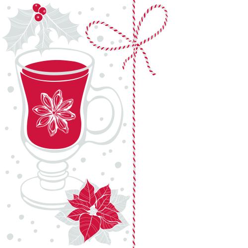 Wine. Vector mug of mulled wine, poinsettia, spider plant, snow, holiday ribbon with a bow and a place for text on white