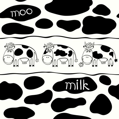Cow. Vector cute cartoon-style cows, spots and labels moo, milk