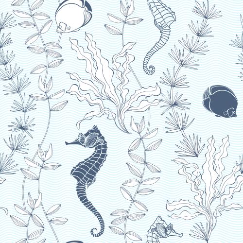 Illustration sea horses tropical fish and algae on blue waves
