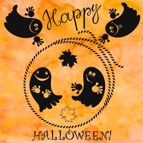 Halloween. Vector round rope frame, cute ghosts, happy halloween text, black silhouettes on watercolor orange