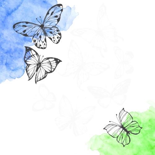 Illustration butterflies, blue and green watercolor spots, space for text on white, corner composition