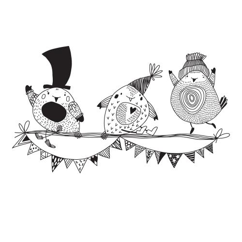 Birthday. Vector three cheerful cartoon birds, garland on white