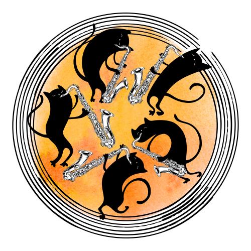 Vector image cartoonish black cats with saxophones in a circle with a watercolor fragment on white