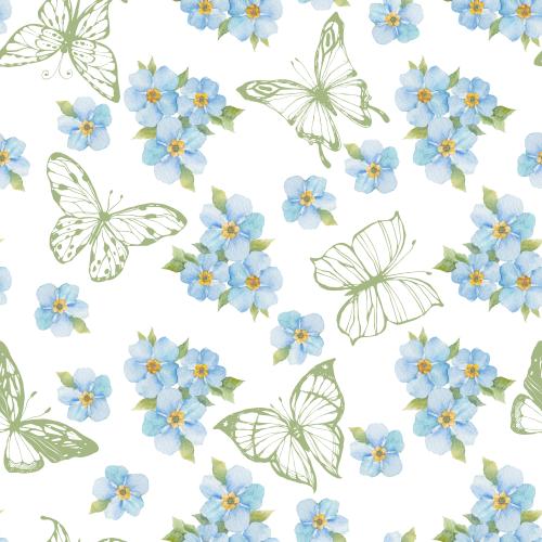 Floral. Vector watercolor forget-me-nots and butterflies on white