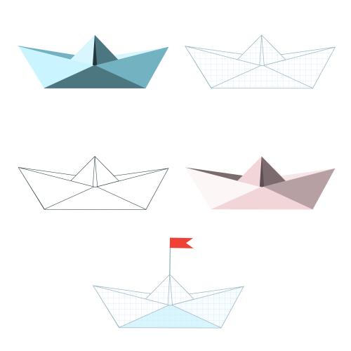 Paper boat. Vector paper ship, five different variants, isolated elements on white