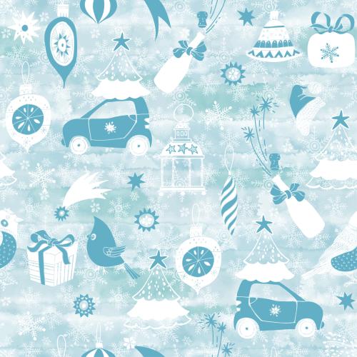 Car. Vector christmas trees cardinal bird toys champagne gifts snowflakes and other winter holiday symbols on blue watercolor