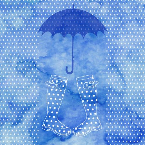 Drop. Vector rain umbrella rubber boots on blue watercolor