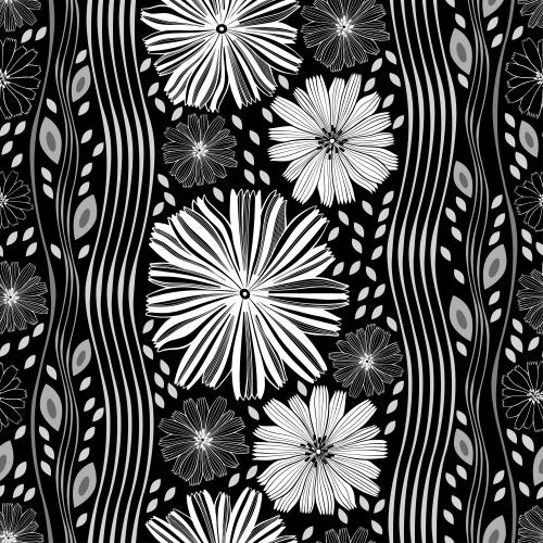 Chicory. Vector diverse monochrome flowers leaves wavy vertical stripes on black
