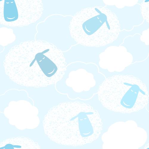 Animals. Vector cartoonish sheep, clouds on blue