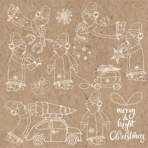 Christmas tree. Vector cartoonish frosty grandfathers seven cute characters on craft