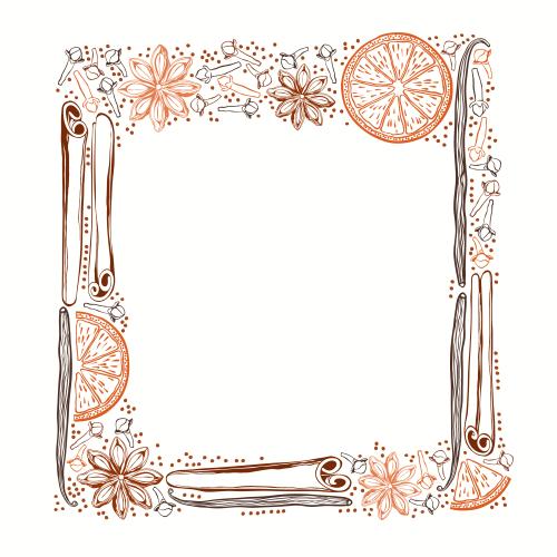 Square. Vector square spice frame: cinnamon sticks and vanilla, cloves, star anise, orange slices