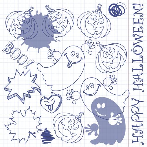 Notebook. Vector cartoon ghosts cute pumpkins halloween symbols on grid notebook paper