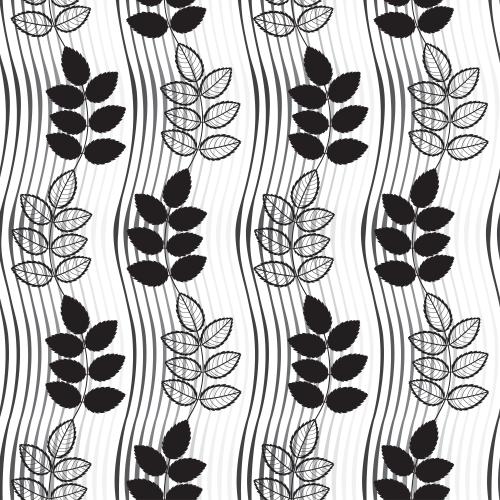 Vector image black silhouettes and contours of branches with leaves, vertical wavy lines on white