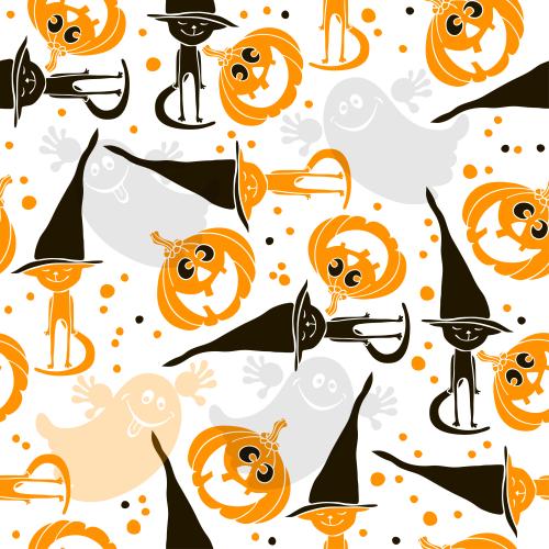 Female. Vector funny cats in witches' hats, cute ghosts, smiling pumpkins on white