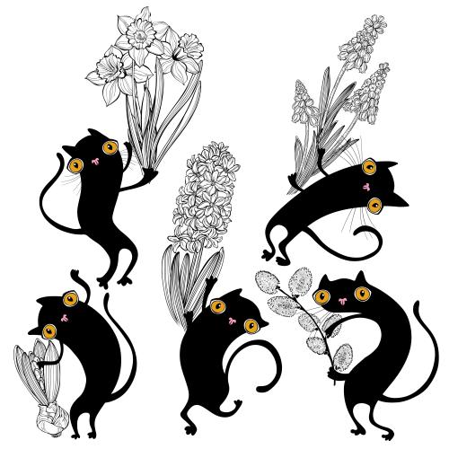 Spring. Vector cartoonish black cats with hyacinths daffodils muscari and a willow branch