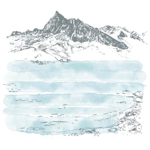Illustration landscape with mountains and sea koktebel crimea sketch on white with blue watercolor fragments