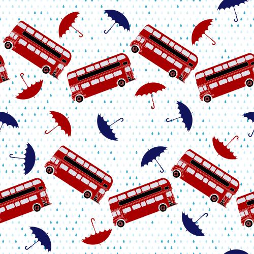 Drop. Vector red two-story buses umbrellas and raindrops on white