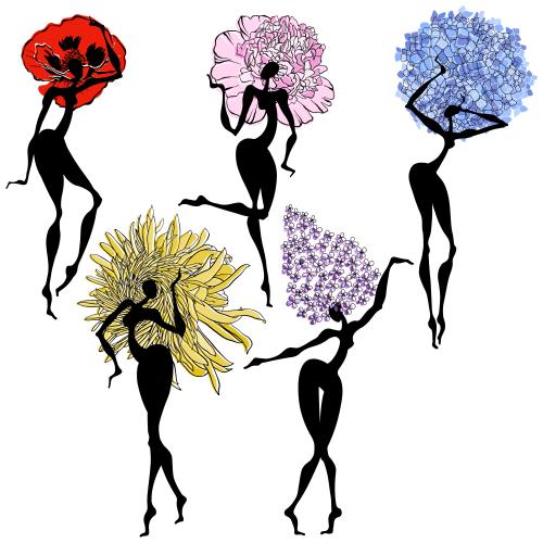 Object. Vector dancing women-flowers silhouettes on white