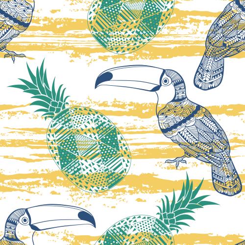 Fruit. Vector decorative toucans and pineapples, textured stripes on white