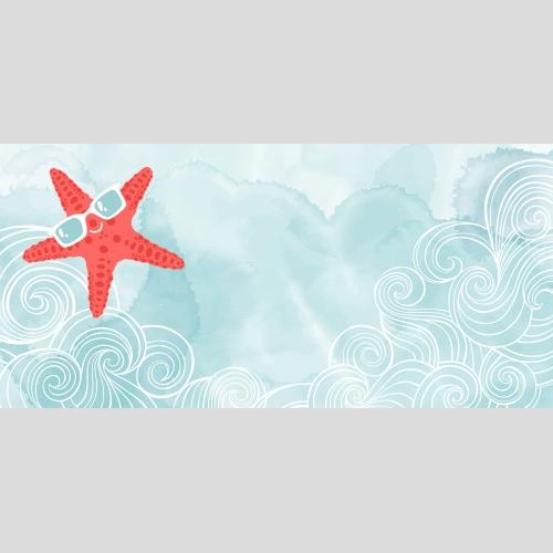 Vector image decorative waves cartoonish sea star in sunglasses on blue watercolor