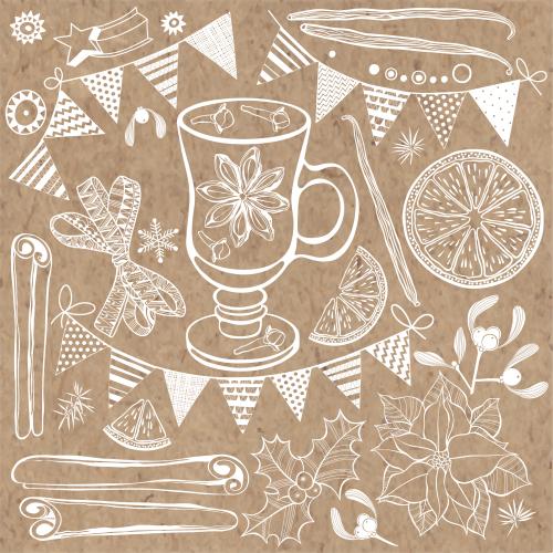 Vanilla stick. Vector christmas flowers mug of mulled wine spices and other holiday symbols on craft