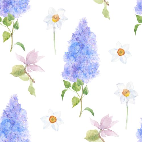 Raster image watercolor lilac magnolia and daffodils on white