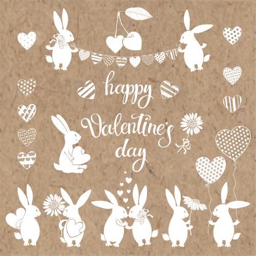 Vector image cute rabbits heart shapes balloons and garland text happy valentines day white silhouettes on craft