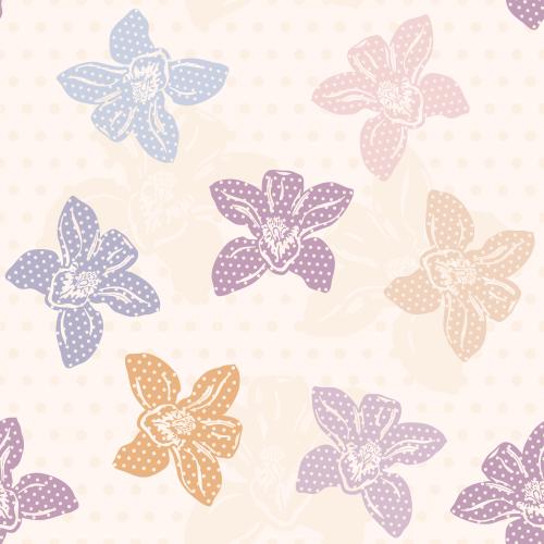Orchid. Vector multicolored pastel orchids in polka dot pattern