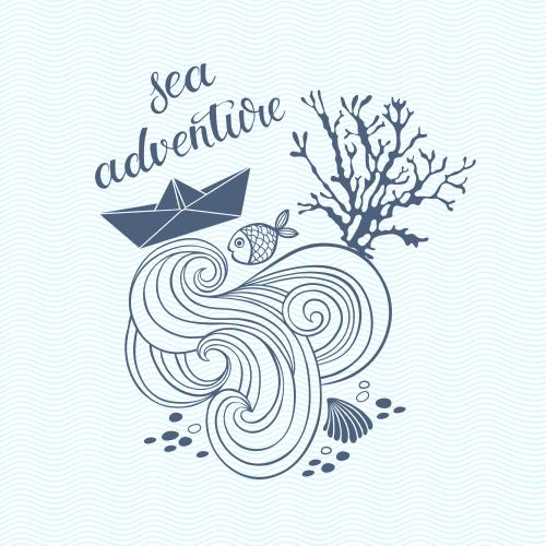 Paper boat. Vector marine-themed composition with waves, paper ship, coral, fish, shell, and text 'sea adventure' on blue waves