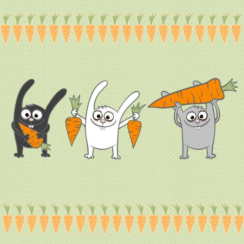 Vector for tableware Printing three cute cartoon rabbits with carrots on green grass