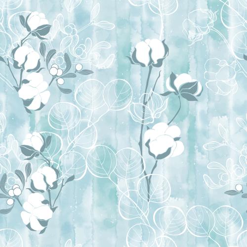 Eucalyptus. Vector cotton, mistletoe, eucalyptus on blue watercolor