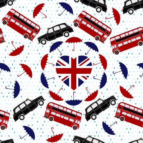 Symbol. Vector red two-story buses taxis heart-shaped flag of great britain umbrellas and raindrops on white