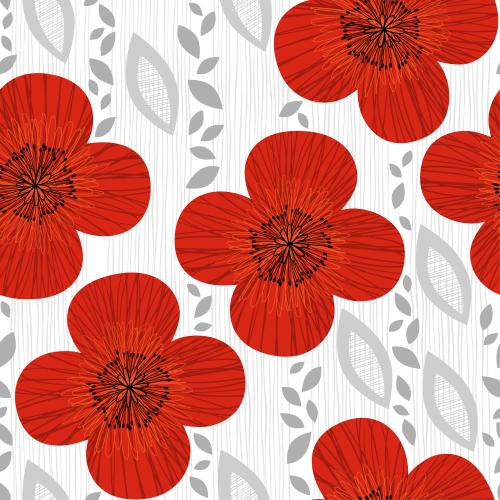 Poppy. Vector stylized red poppies decorative leaves on white striped