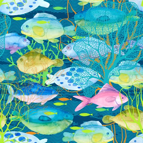 Raster image cartoonish watercolor fish, corals, seaweed, waves on blue