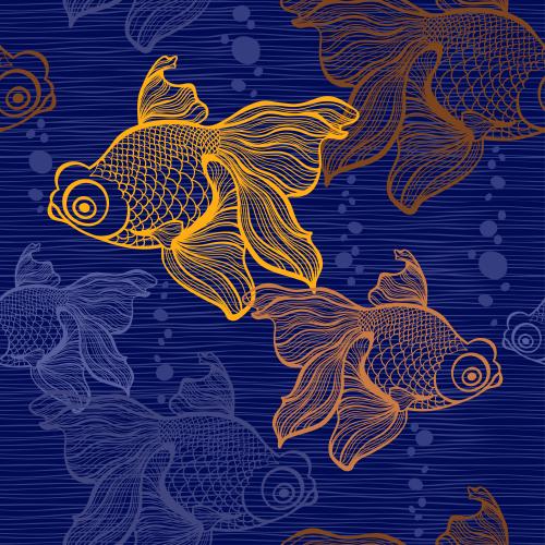 Fish. Vector multicolored fish contours on blue striped