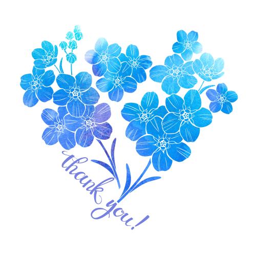 Raster image watercolor forget-me-nots inscription thank you composition in the shape of a heart on white
