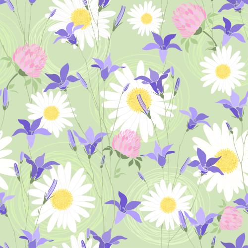 Chamomile. Vector bell flowers, daisies, clover flowers, abstract circles on green