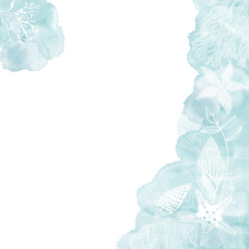Illustration sea star shells seaweed corals on blue watercolor space for text on white