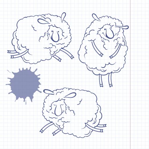 Notebook. Vector three cute cartoon sheep ink blot on a lined notebook sheet