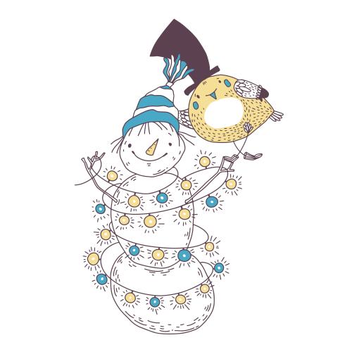 Snowman. Vector cartoon snowman and bird on white