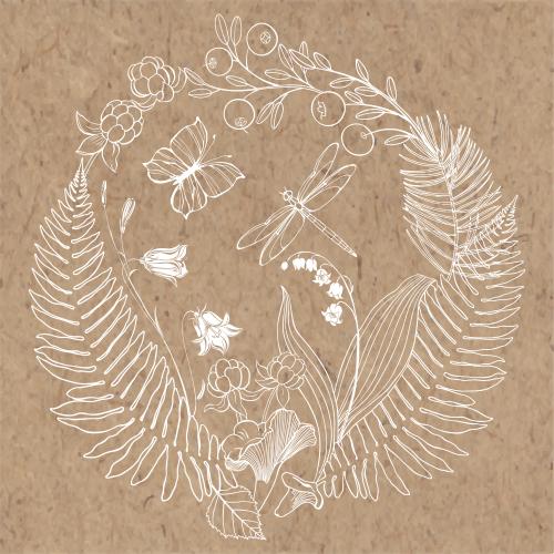 Cranberry. Vector forest composition in a circle, fern leaves, bellflower flowers, lily of the valley, cloudberry, cranberry, chanterelle mushrooms, dragonfly, butterfly on craft