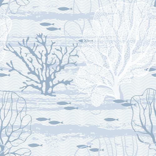 Female. Vector seaweed, corals, fish and waves in white-blue tones