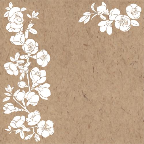 Japanese quince. Vector japanese loquat, branches with flowers, white silhouettes and space for text on craft