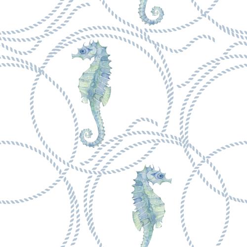 Raster image marine rope circles, watercolor sea horses on white