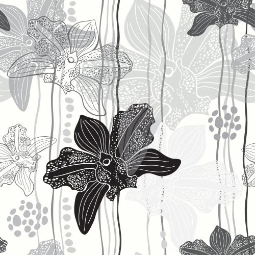 Orchid. Vector Pattern monochrome orchid flowers and wavy stripes on white