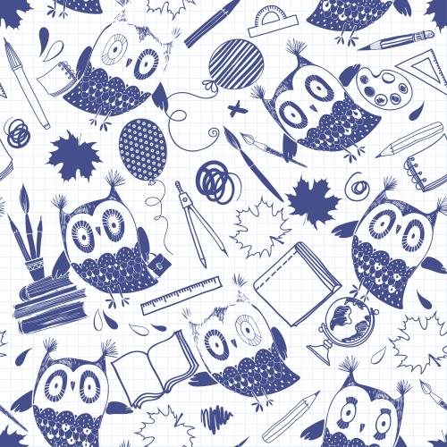 Balloon. Vector cartoon owls school supplies on grid notebook
