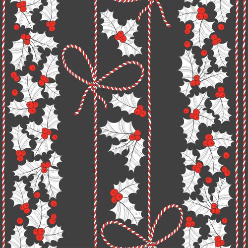 Holly. Vector ostrich fern, festive ribbons with bows on black